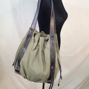 REBECCA MINKOFF M.A.B. Nylon Khaki Green Drawstring Tote w Black Leather Trim